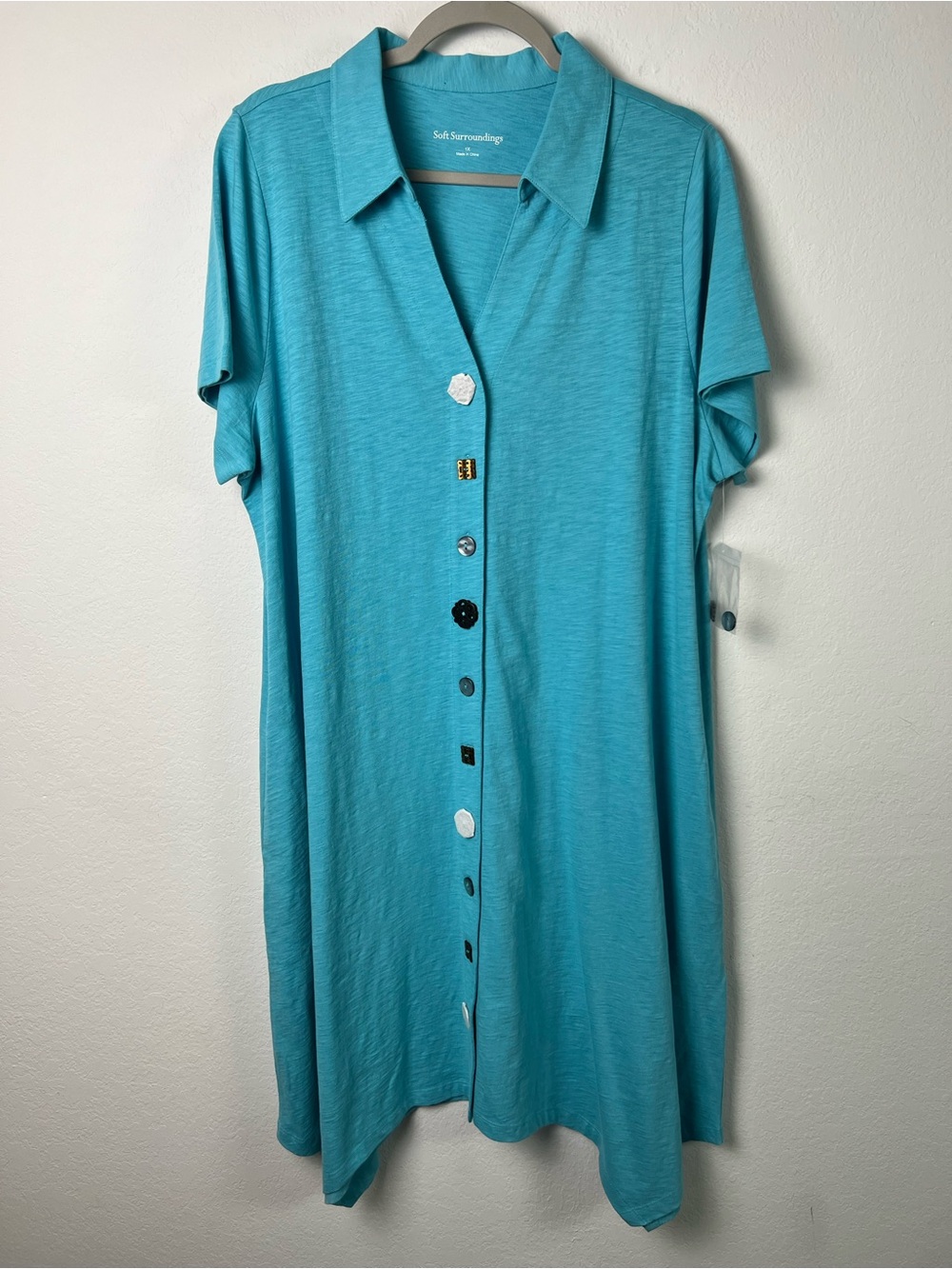 Soft Surroundings Turquoise Artisan Mismatched Buttons Shark Bite Cotton Dress